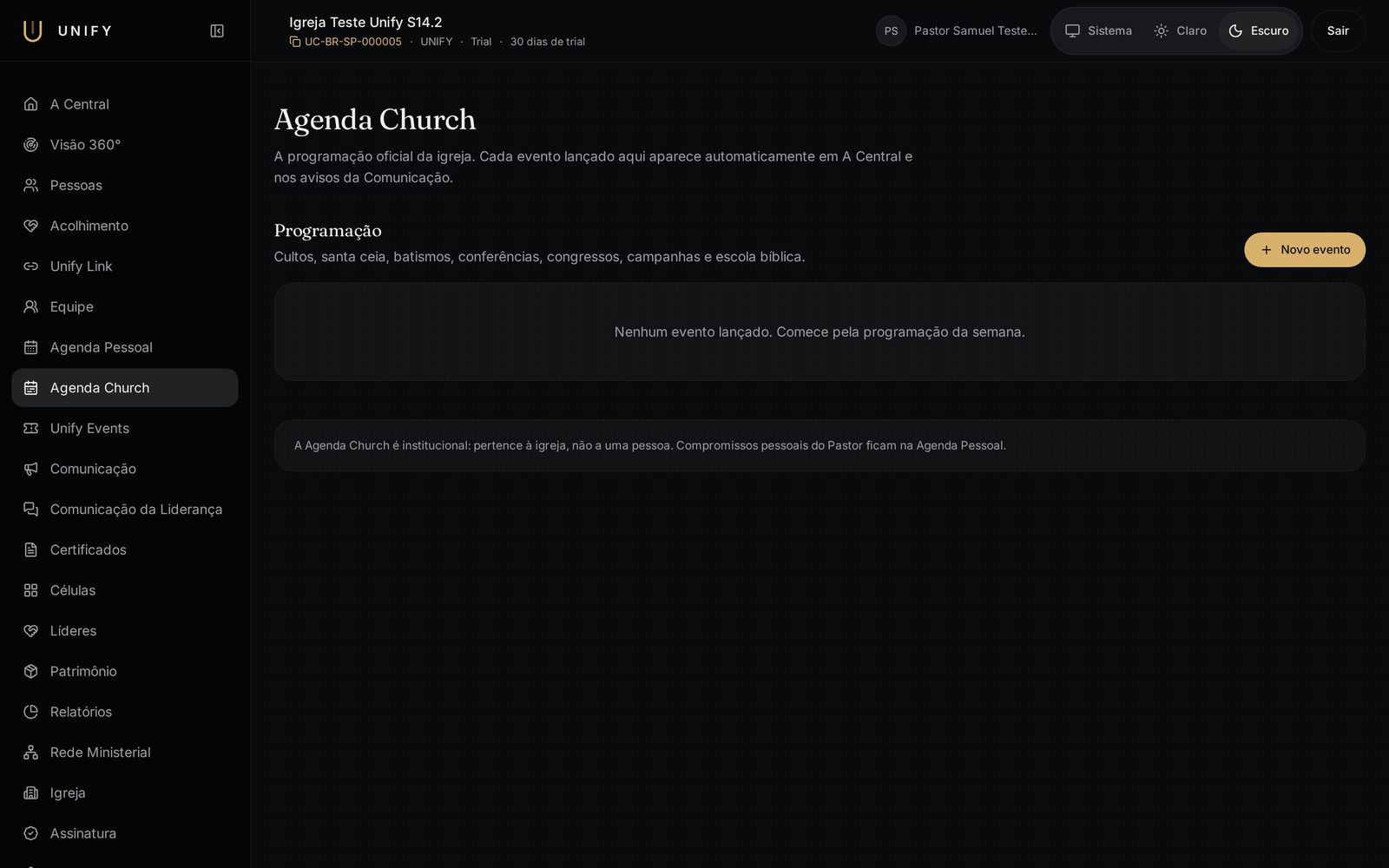Tela real do módulo Agenda no Unify