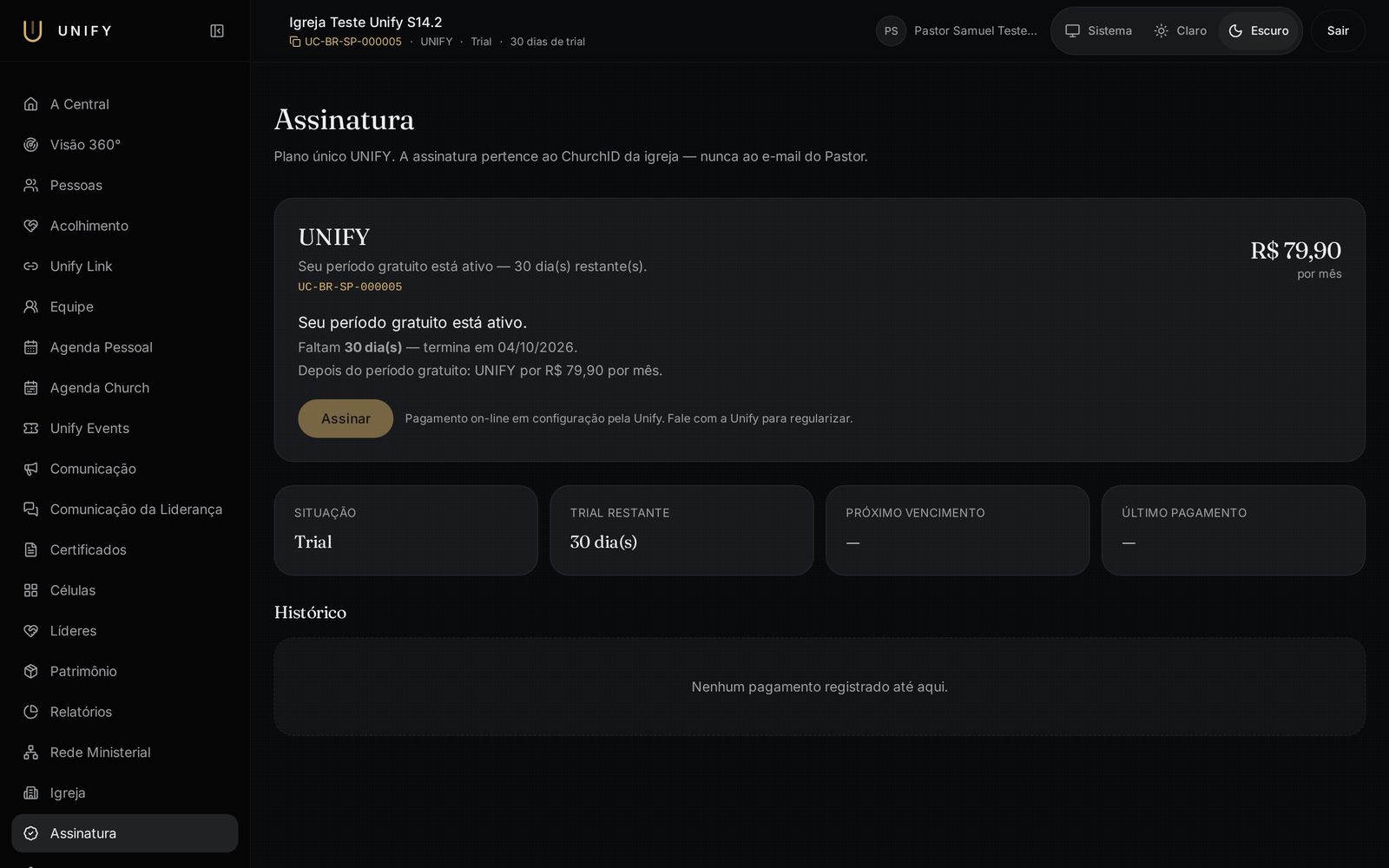 Tela real do módulo Assinatura no Unify