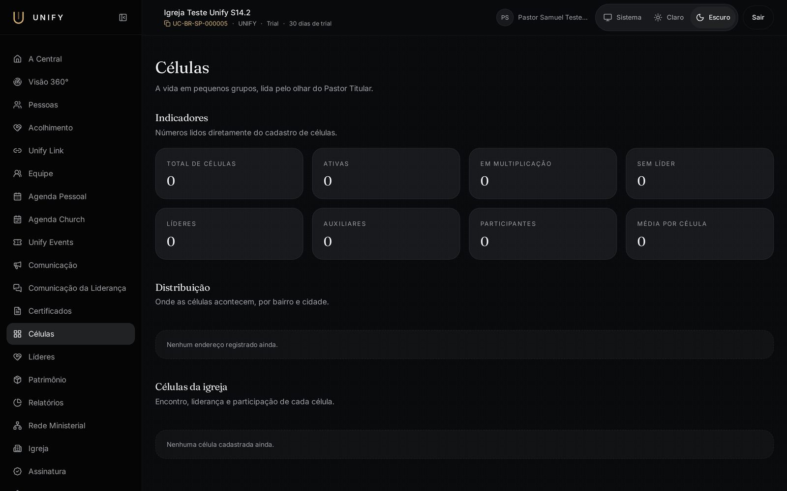 Tela real do módulo Células no Unify