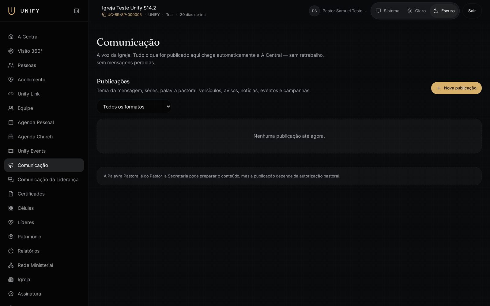Tela real do módulo Comunicação no Unify