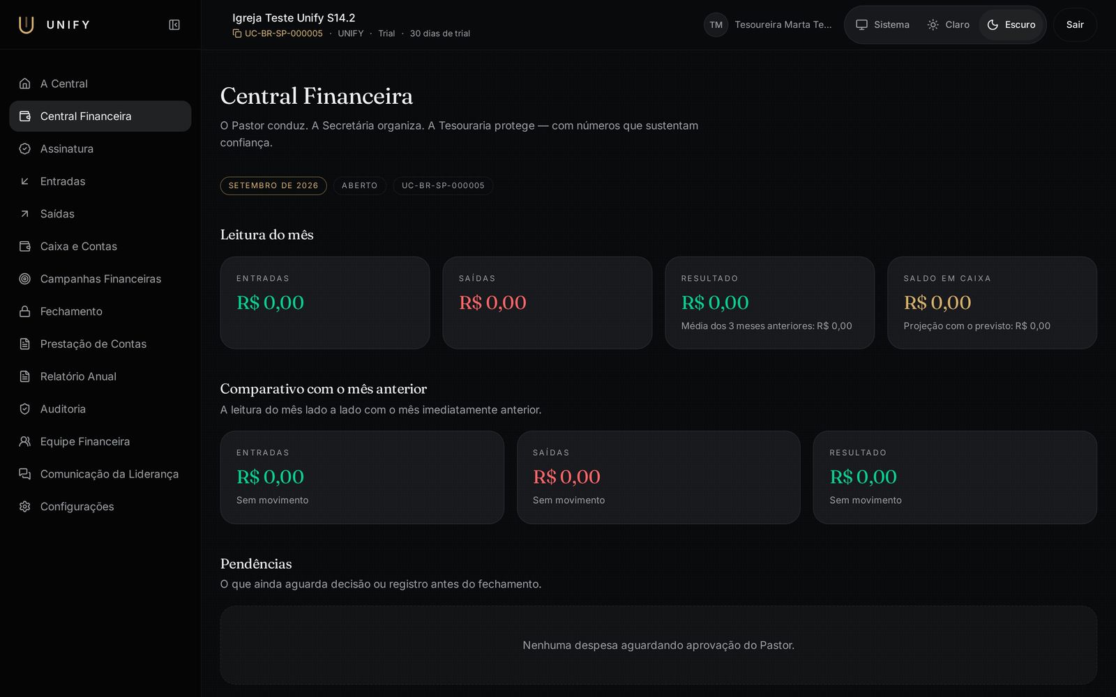 Tela real do módulo Financeiro no Unify