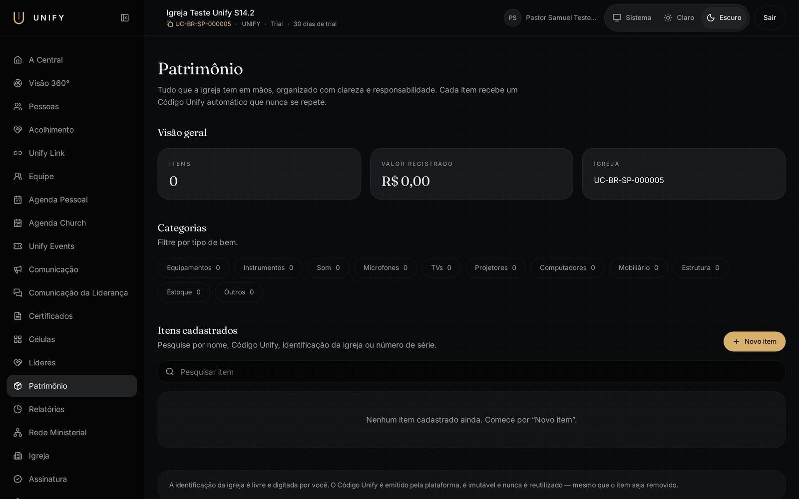 Tela real do módulo Patrimônio no Unify