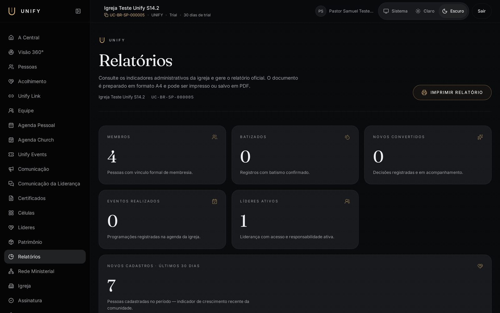 Tela real do módulo Relatórios no Unify