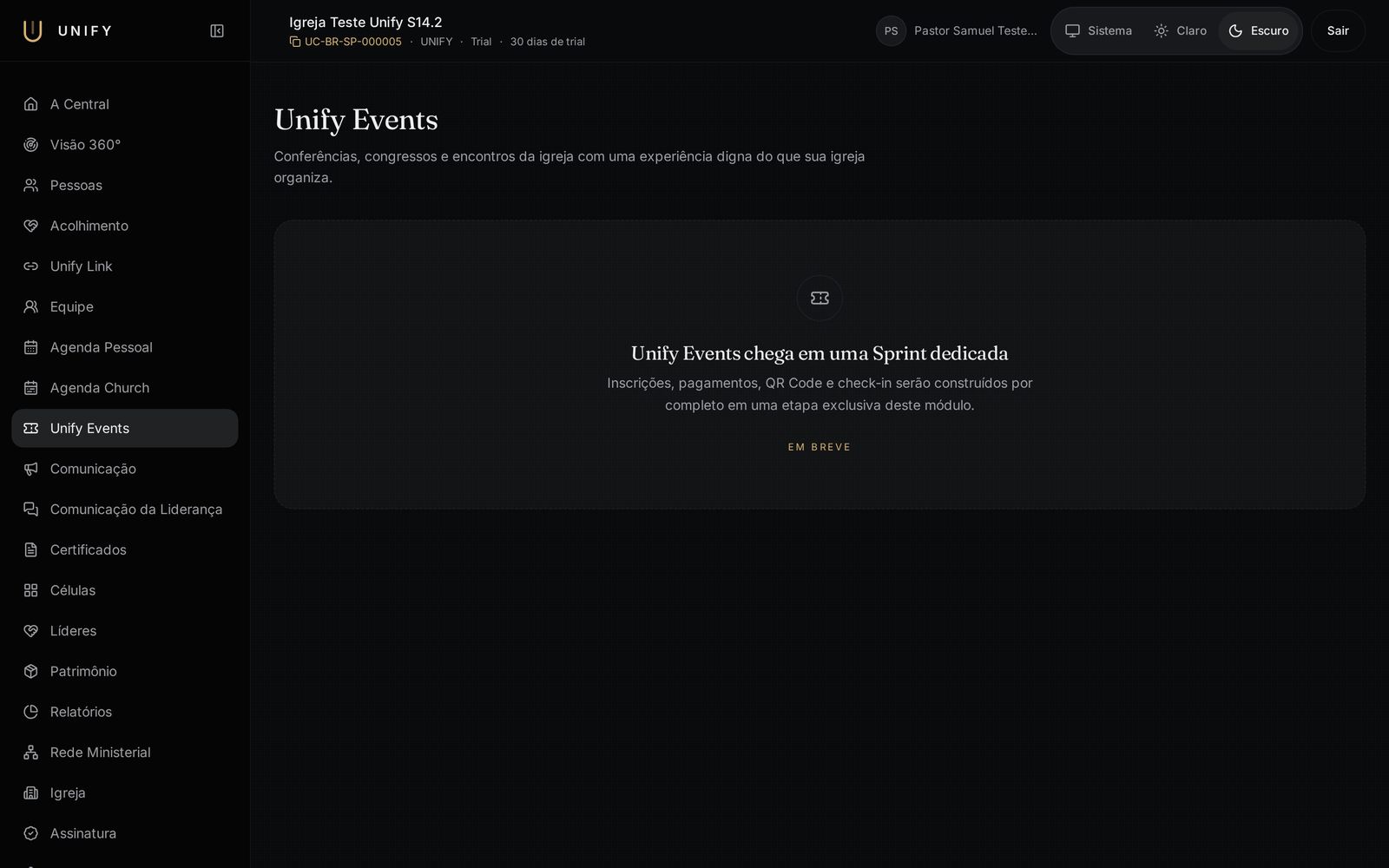 Tela real do módulo Unify Events no Unify