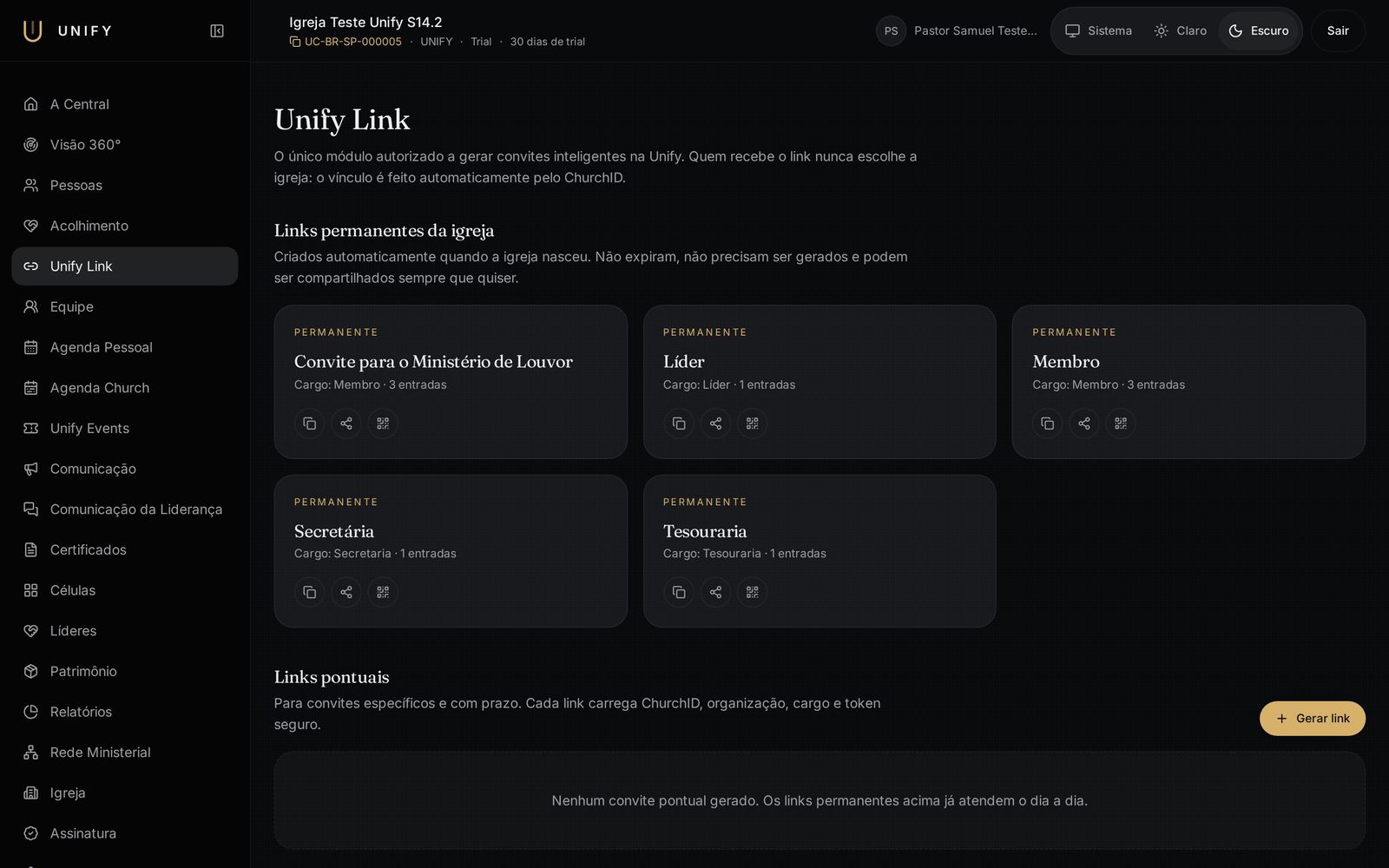 Tela real do módulo Unify Link no Unify